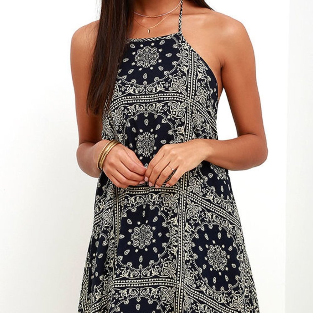 Lulu's Bandita Midnight Blue Print Halter Dress Size Small